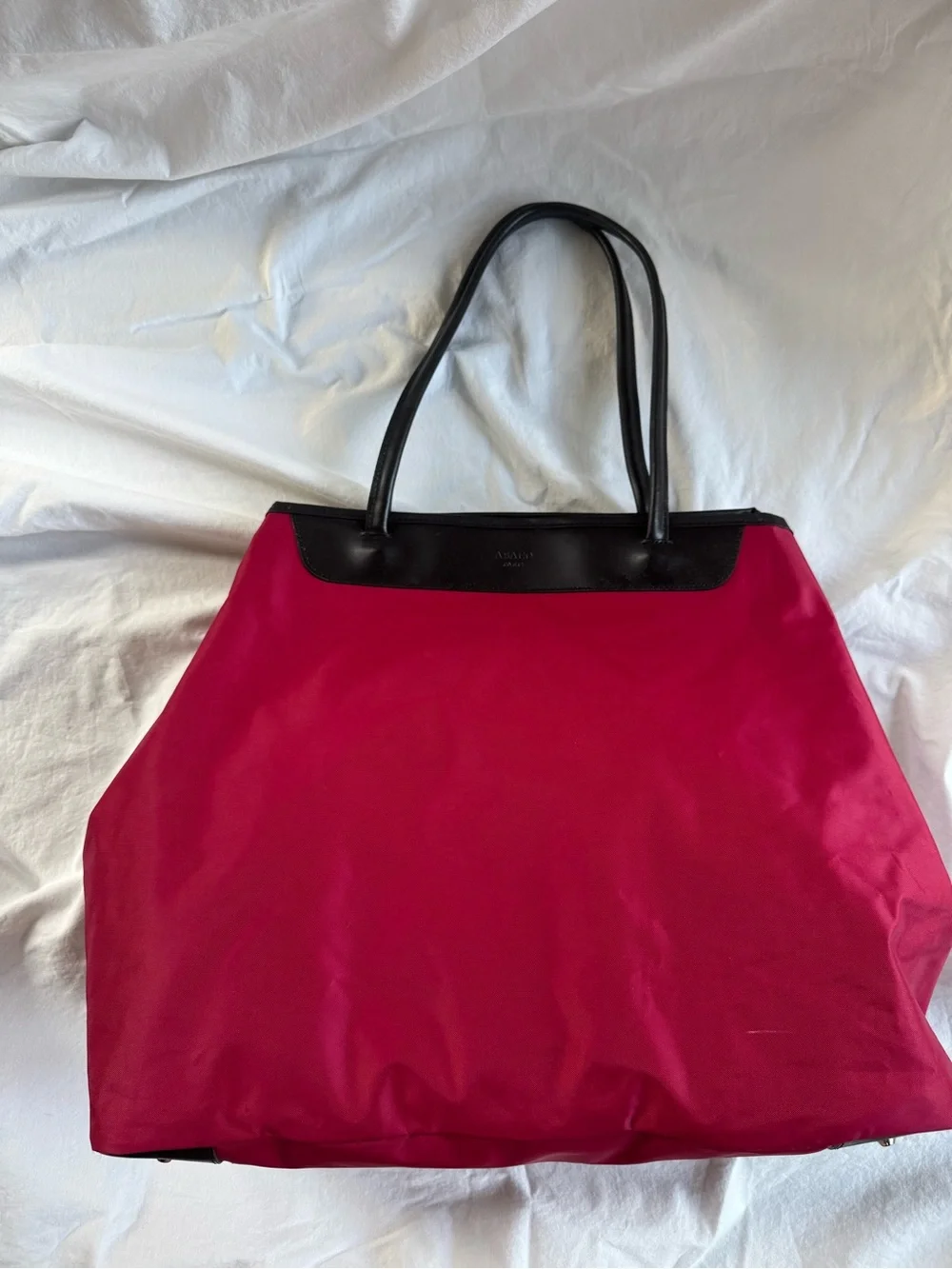 ABACO Paris Large Red Nylon & Black Leather Tote Shoulder Bag